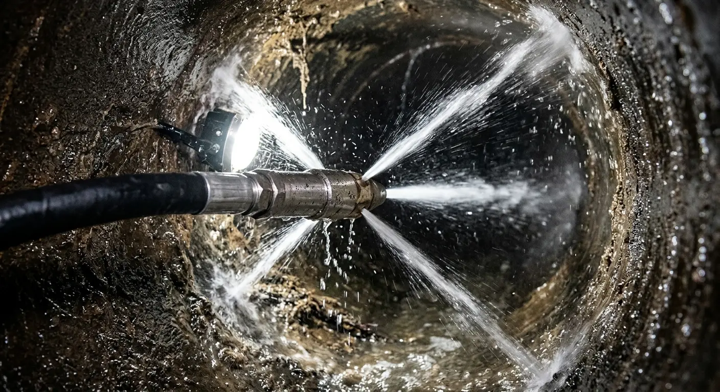 High-pressure hydro jetting nozzle cleaning sewer pipe for Sewer Cleanout in Erie