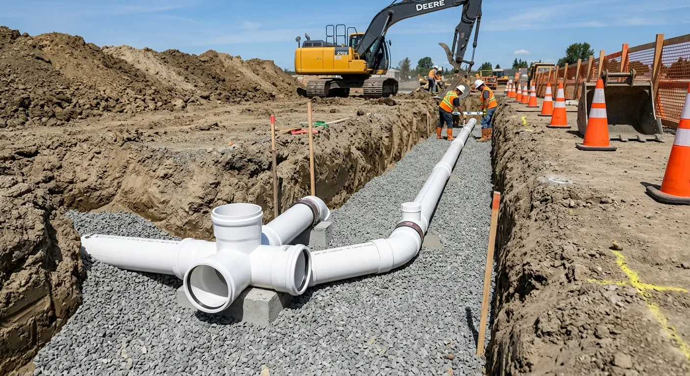 New PVC sewer pipe installation in open trench for Sewer Camera Inspection in Erie