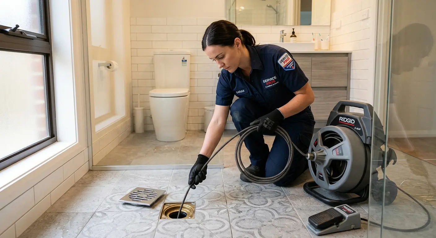 Technician clearing a bathroom floor drain for Drain Cleaning in Erie